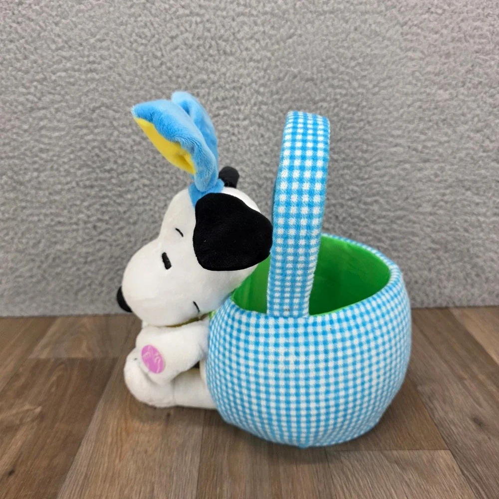 Peanuts Snoopy Plush Easter Basket Blue Gingham Bunny Ears Stuffed Animal 10in